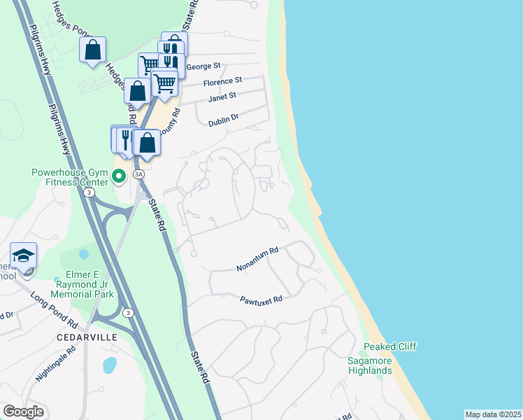 map of restaurants, bars, coffee shops, grocery stores, and more near 57 White Cliffs Drive in Plymouth