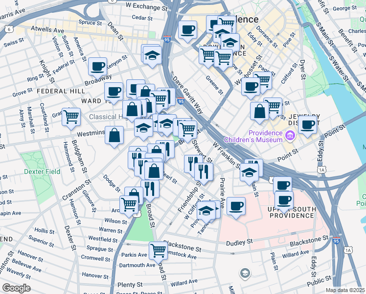 map of restaurants, bars, coffee shops, grocery stores, and more near 112 Summer Street in Providence