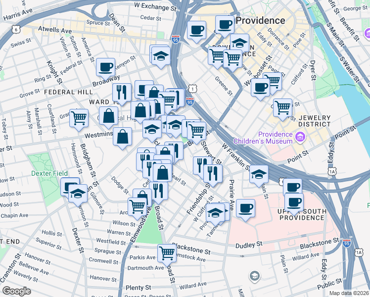 map of restaurants, bars, coffee shops, grocery stores, and more near 40 Haskins Street in Providence