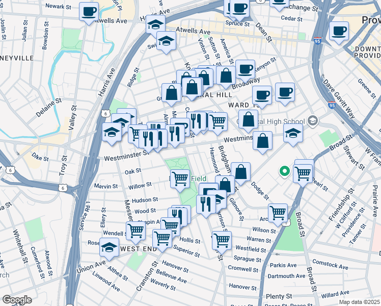 map of restaurants, bars, coffee shops, grocery stores, and more near in Providence