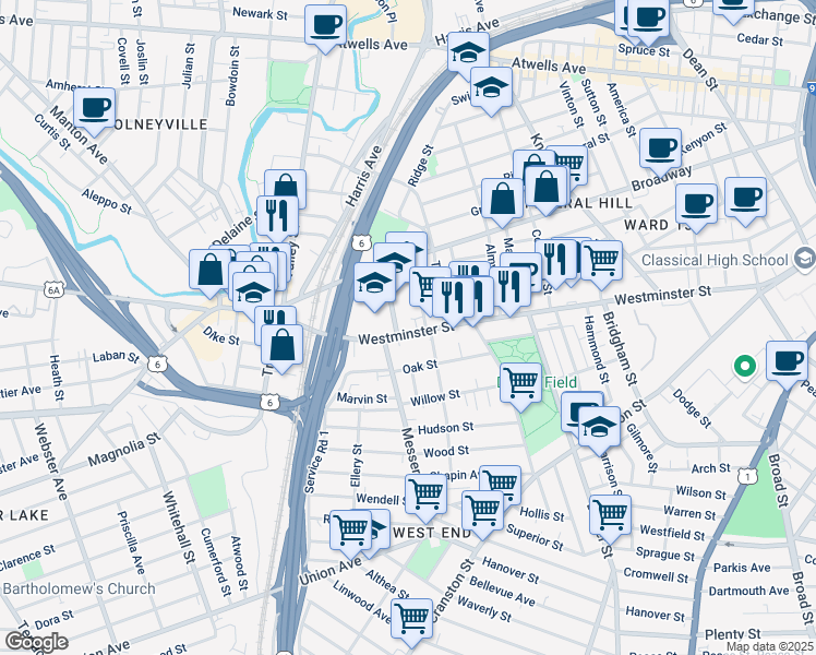 map of restaurants, bars, coffee shops, grocery stores, and more near 79 Oak Street in Providence