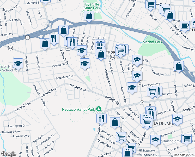map of restaurants, bars, coffee shops, grocery stores, and more near 7 Ophelia Street in Providence