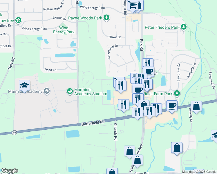 map of restaurants, bars, coffee shops, grocery stores, and more near 2931 Church Road in Aurora
