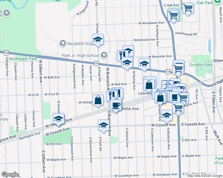 map of restaurants, bars, coffee shops, grocery stores, and more near 37 North Brainard Avenue in La Grange