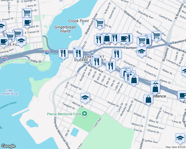 map of restaurants, bars, coffee shops, grocery stores, and more near 23 5th Street in East Providence