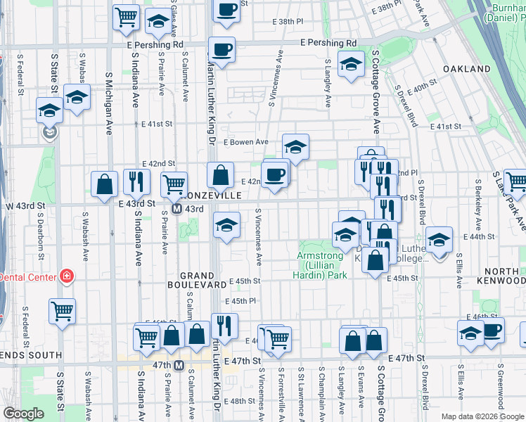 map of restaurants, bars, coffee shops, grocery stores, and more near 4311 South Vincennes Avenue in Chicago