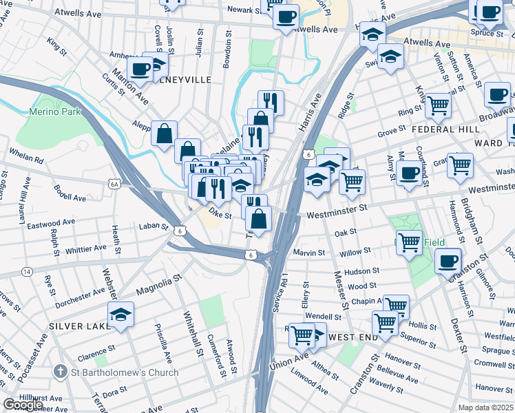 map of restaurants, bars, coffee shops, grocery stores, and more near in Providence