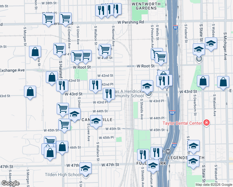 map of restaurants, bars, coffee shops, grocery stores, and more near 439 West 42nd Place in Chicago