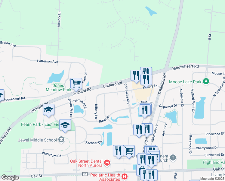 map of restaurants, bars, coffee shops, grocery stores, and more near 1161 Kilbery Lane in North Aurora