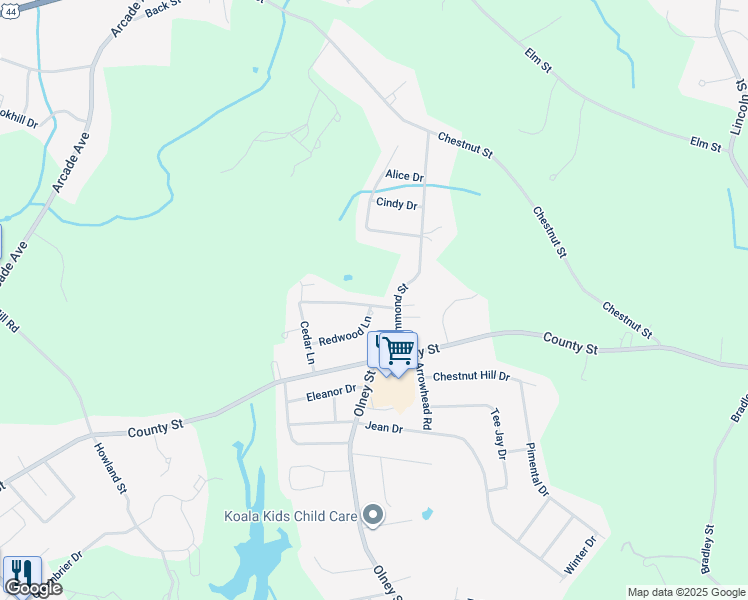 map of restaurants, bars, coffee shops, grocery stores, and more near 132 Cedar Lane in Seekonk