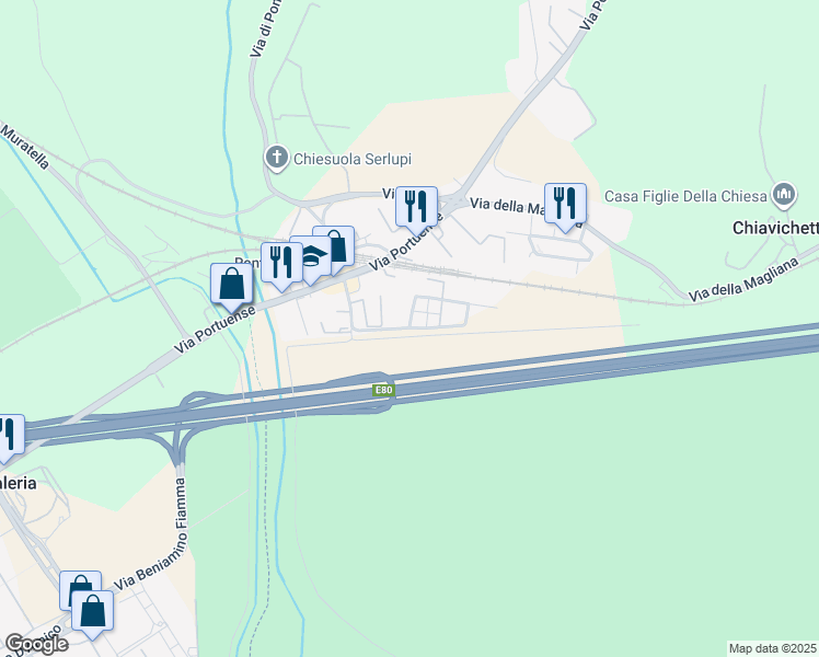 map of restaurants, bars, coffee shops, grocery stores, and more near 18 Via Lorenzo Allievi in Ponte Galeria-la Pisana