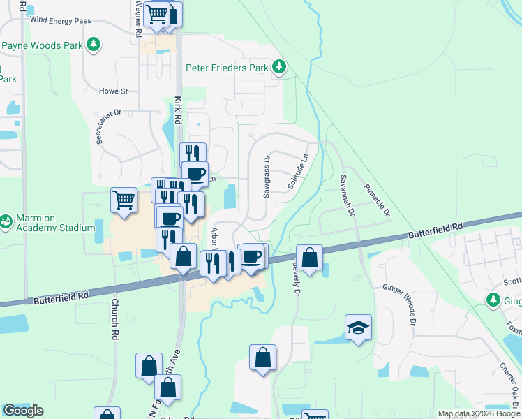 map of restaurants, bars, coffee shops, grocery stores, and more near 3038 Sawgrass Drive in Aurora