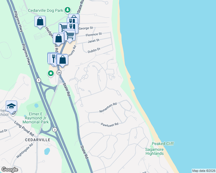map of restaurants, bars, coffee shops, grocery stores, and more near 212 White Cliffs Drive in Plymouth