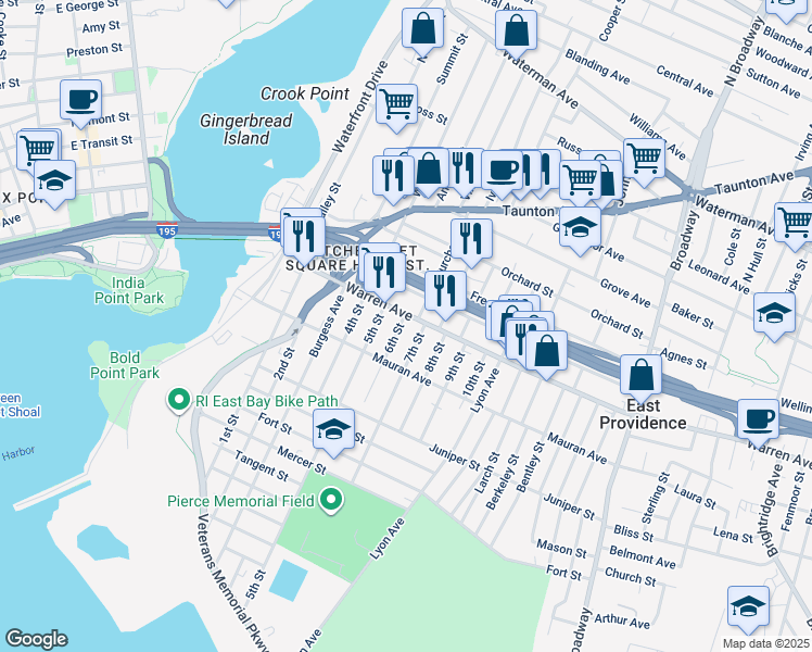 map of restaurants, bars, coffee shops, grocery stores, and more near 85 School Street in East Providence