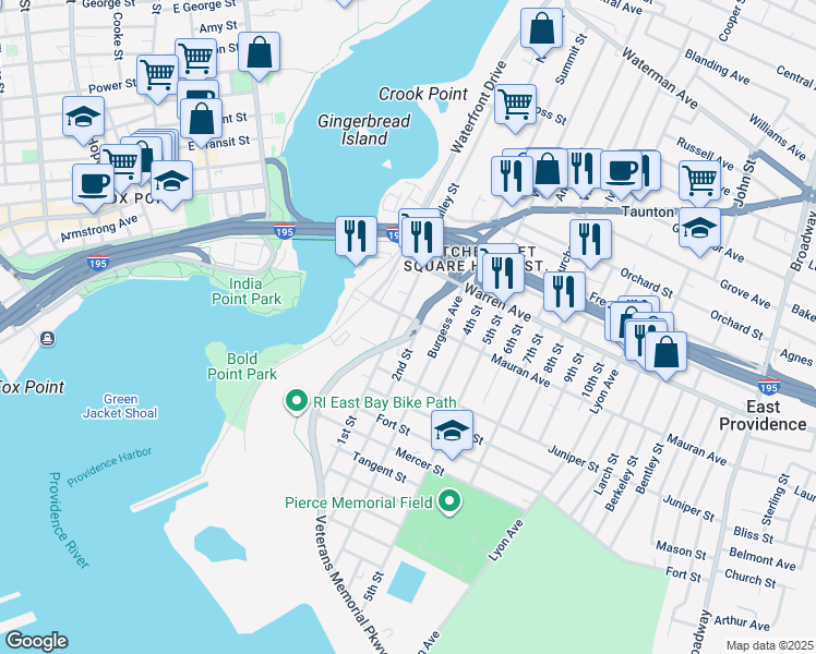 map of restaurants, bars, coffee shops, grocery stores, and more near 24 1st Street in East Providence