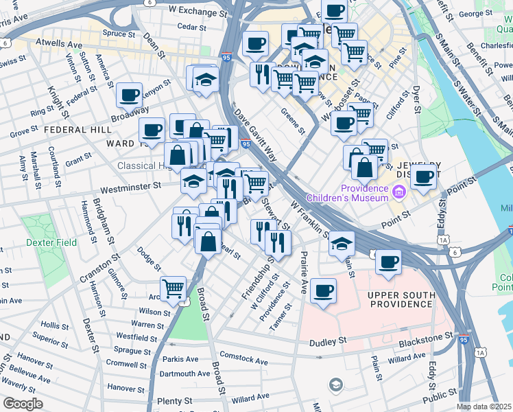 map of restaurants, bars, coffee shops, grocery stores, and more near 184 U.S. 1 in Providence
