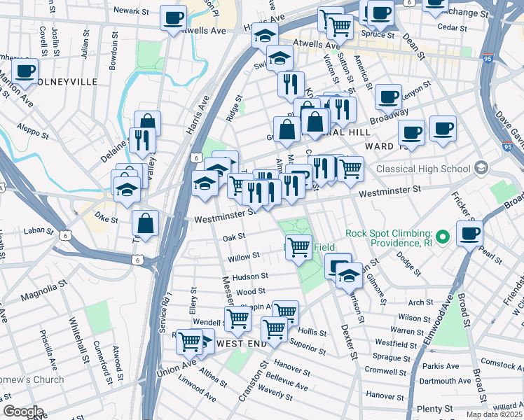 map of restaurants, bars, coffee shops, grocery stores, and more near 114 Tobey Street in Providence