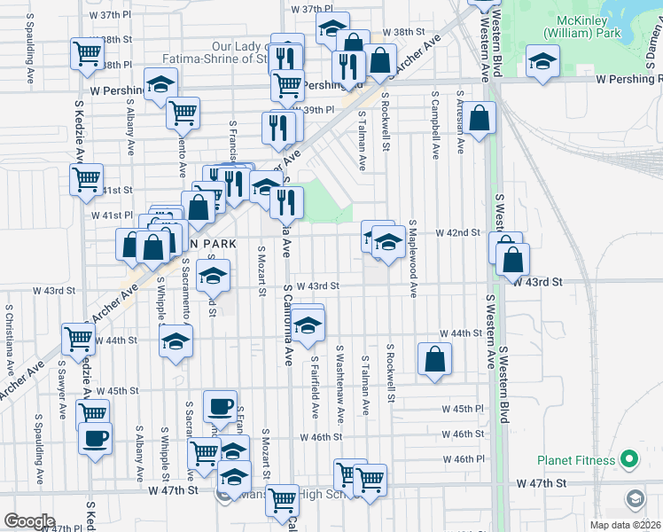 map of restaurants, bars, coffee shops, grocery stores, and more near 4211 South Fairfield Avenue in Chicago
