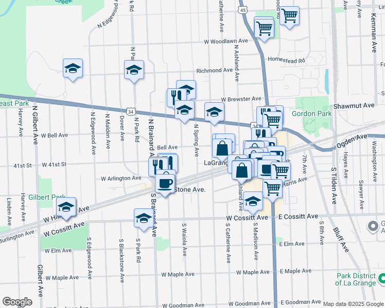 map of restaurants, bars, coffee shops, grocery stores, and more near 106 North Spring Avenue in La Grange