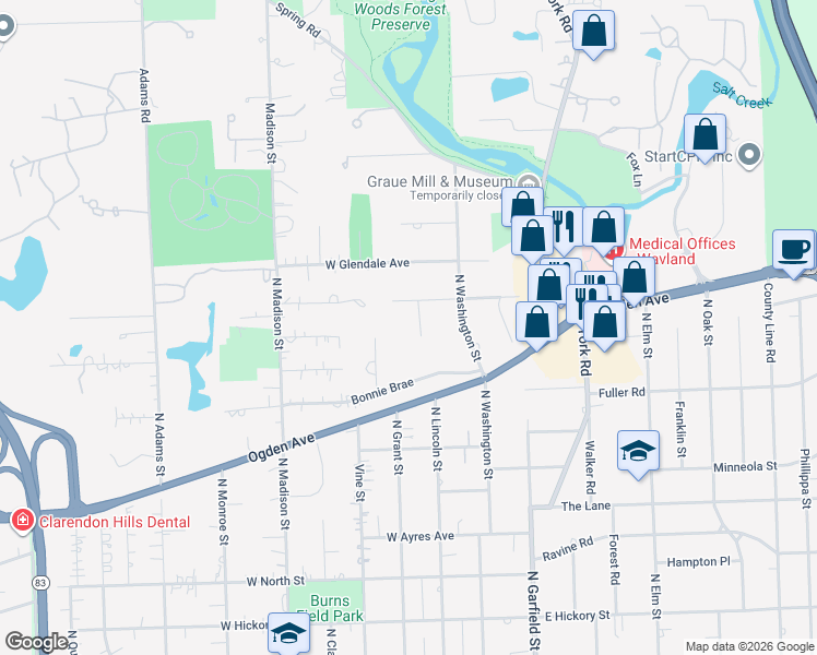 map of restaurants, bars, coffee shops, grocery stores, and more near 30 West Birchwood Avenue in Hinsdale