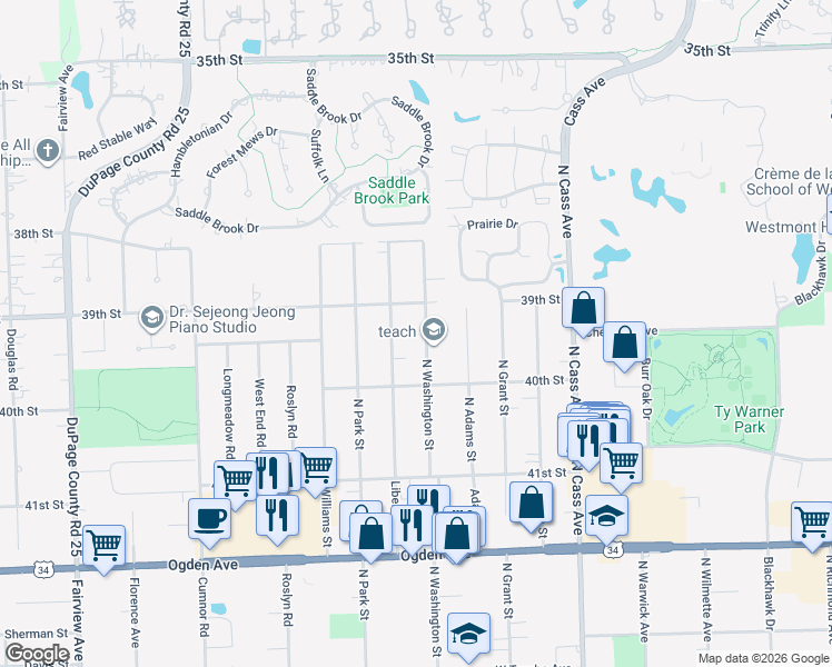 map of restaurants, bars, coffee shops, grocery stores, and more near 3900 North Washington Street in Westmont