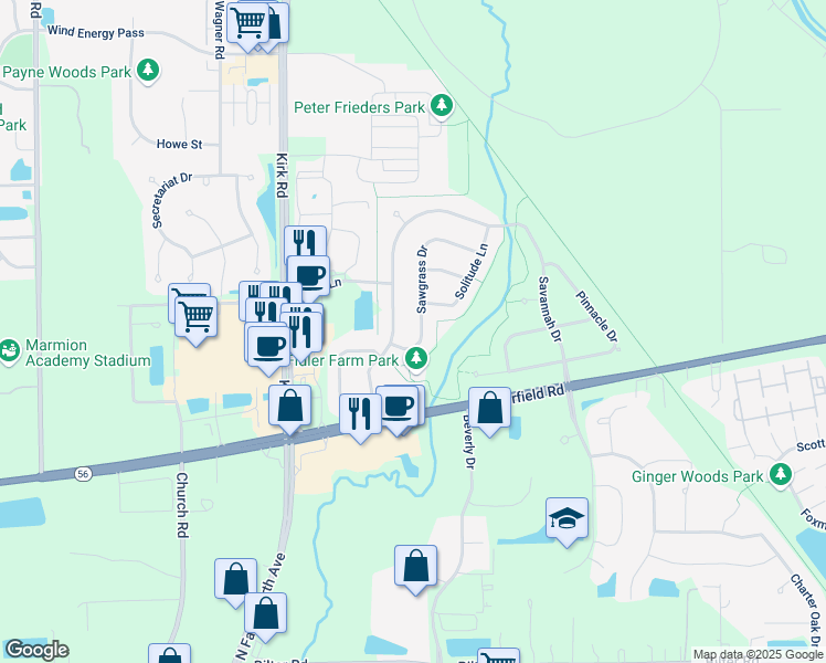 map of restaurants, bars, coffee shops, grocery stores, and more near 3038 Sawgrass Drive in Aurora