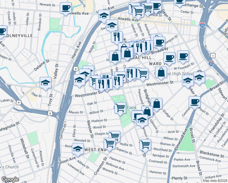 map of restaurants, bars, coffee shops, grocery stores, and more near 10 Almy Street in Providence
