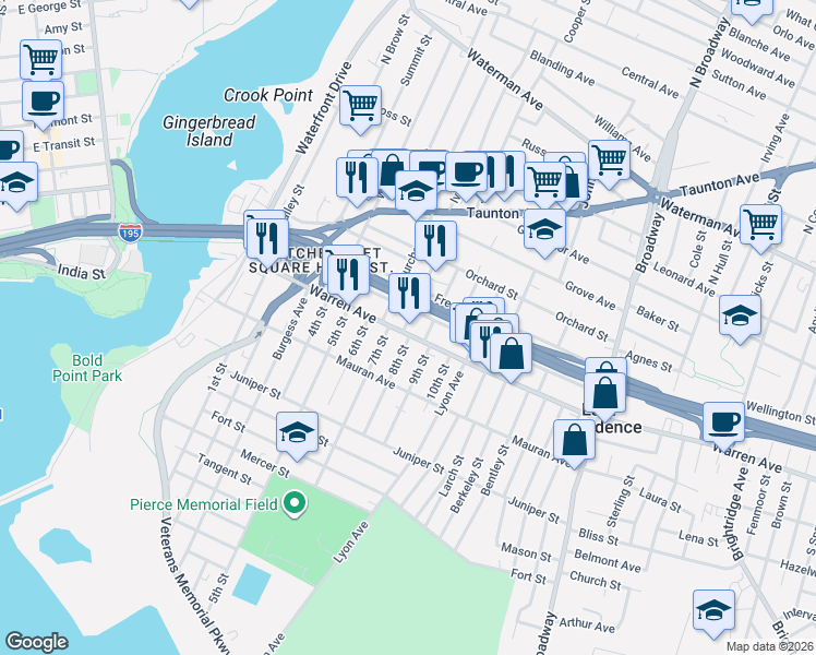 map of restaurants, bars, coffee shops, grocery stores, and more near 150 Warren Avenue in East Providence