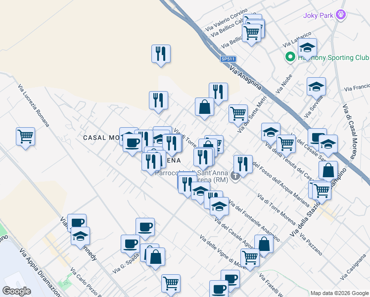 map of restaurants, bars, coffee shops, grocery stores, and more near 115 Via di Torre Morena in Rome