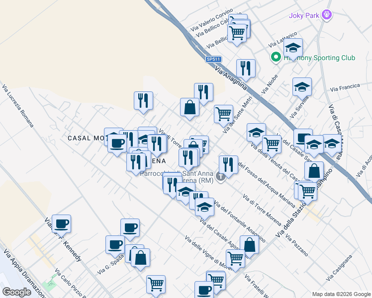 map of restaurants, bars, coffee shops, grocery stores, and more near 102 Via di Torre Morena in Roma