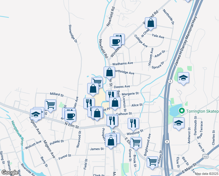 map of restaurants, bars, coffee shops, grocery stores, and more near 811 Main Street in Torrington