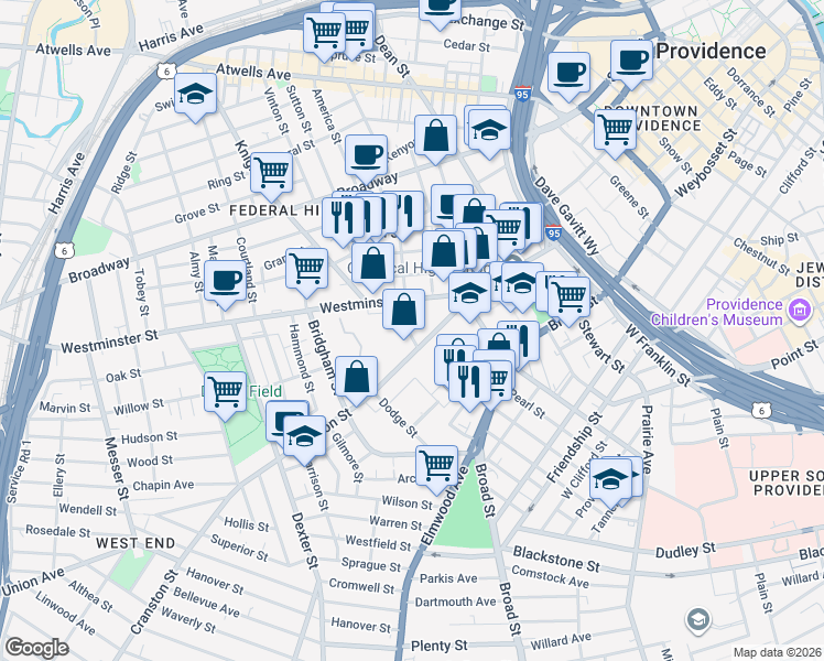 map of restaurants, bars, coffee shops, grocery stores, and more near 946 Westminster Street in Providence
