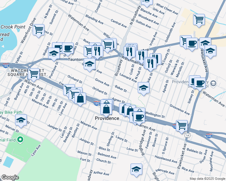 map of restaurants, bars, coffee shops, grocery stores, and more near 18 Baker Street in East Providence
