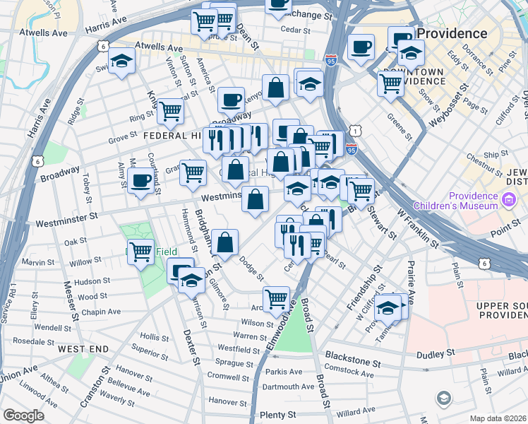 map of restaurants, bars, coffee shops, grocery stores, and more near 946 Westminster Street in Providence
