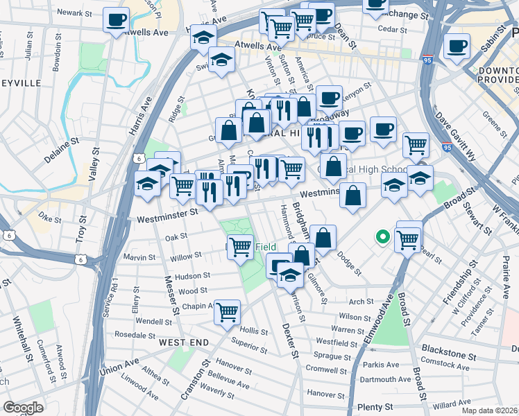 map of restaurants, bars, coffee shops, grocery stores, and more near 1300 Westminster Street in Providence