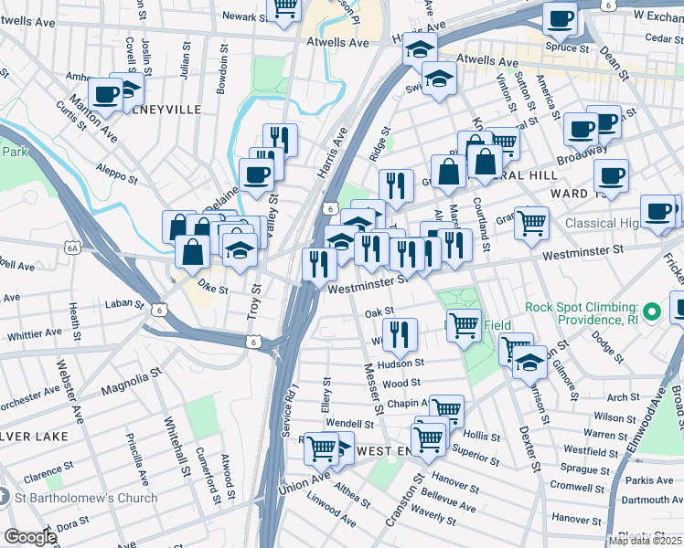 map of restaurants, bars, coffee shops, grocery stores, and more near 1655 Westminster Street in Providence