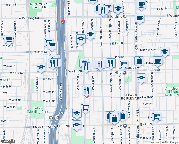 map of restaurants, bars, coffee shops, grocery stores, and more near 4249 South State Street in Chicago