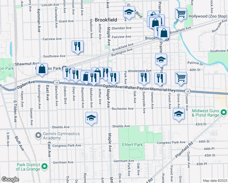 map of restaurants, bars, coffee shops, grocery stores, and more near 9124 Ogden Avenue in Brookfield