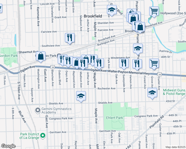 map of restaurants, bars, coffee shops, grocery stores, and more near 9217 Ogden Avenue in Brookfield