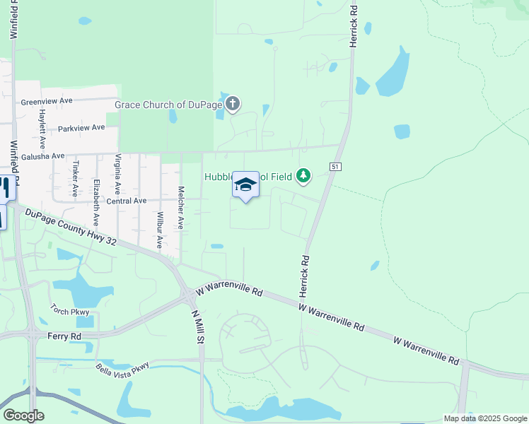 map of restaurants, bars, coffee shops, grocery stores, and more near 3S600 Herrick Road in Warrenville
