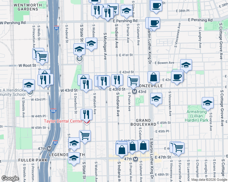 map of restaurants, bars, coffee shops, grocery stores, and more near 4243 South Michigan Avenue in Chicago
