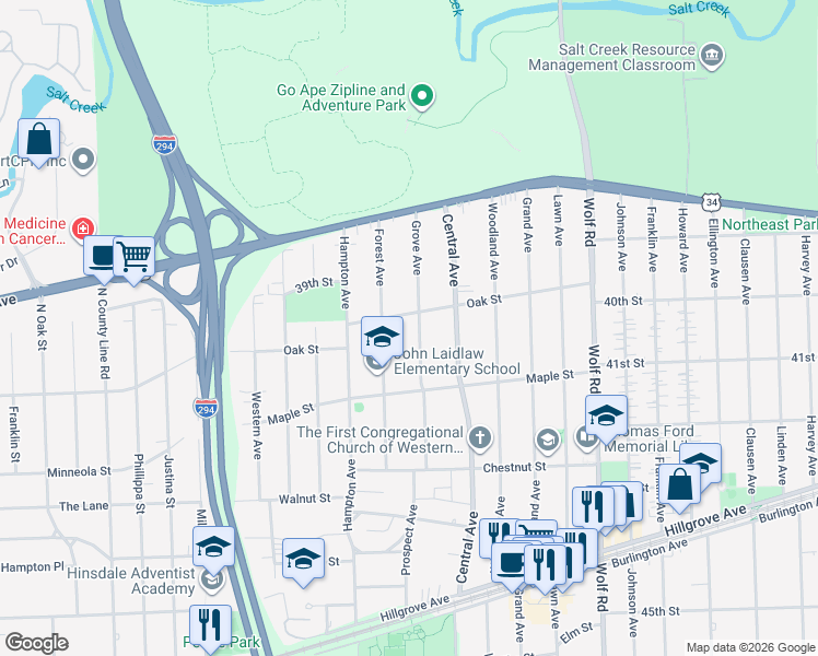 map of restaurants, bars, coffee shops, grocery stores, and more near 3948 Grove Avenue in Western Springs