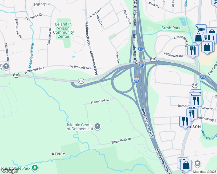 map of restaurants, bars, coffee shops, grocery stores, and more near 11 Lee Lane in Windsor
