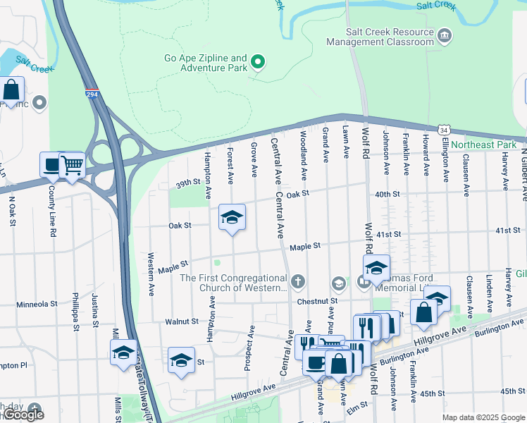 map of restaurants, bars, coffee shops, grocery stores, and more near 3948 Grove Avenue in Western Springs