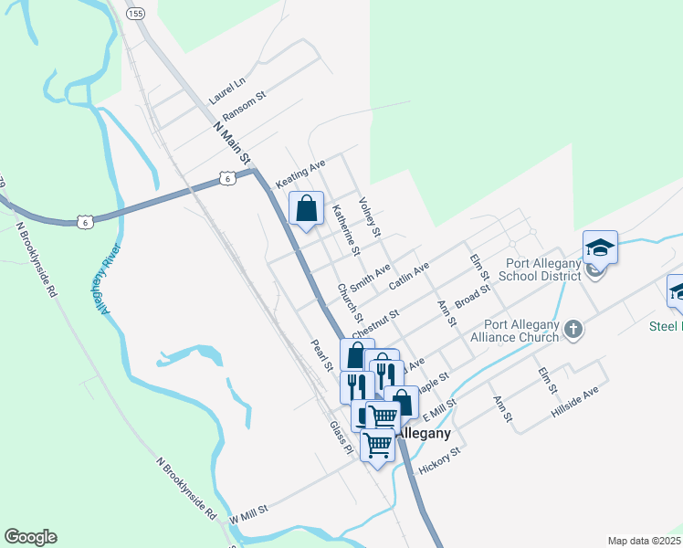 map of restaurants, bars, coffee shops, grocery stores, and more near 61-69 Church Street in Port Allegany