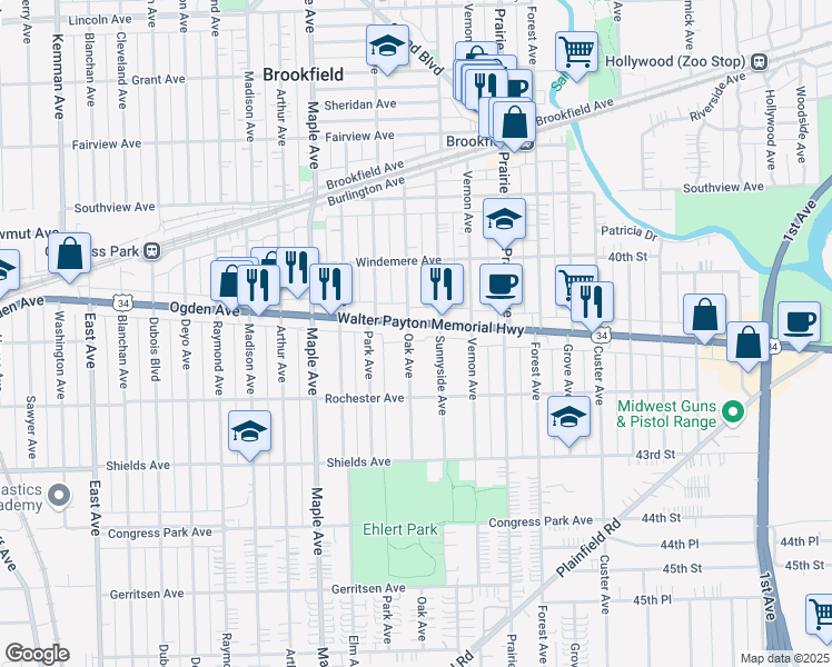 map of restaurants, bars, coffee shops, grocery stores, and more near 9018 Ogden Avenue in Brookfield