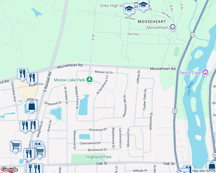 map of restaurants, bars, coffee shops, grocery stores, and more near 525 North Sycamore Lane in North Aurora