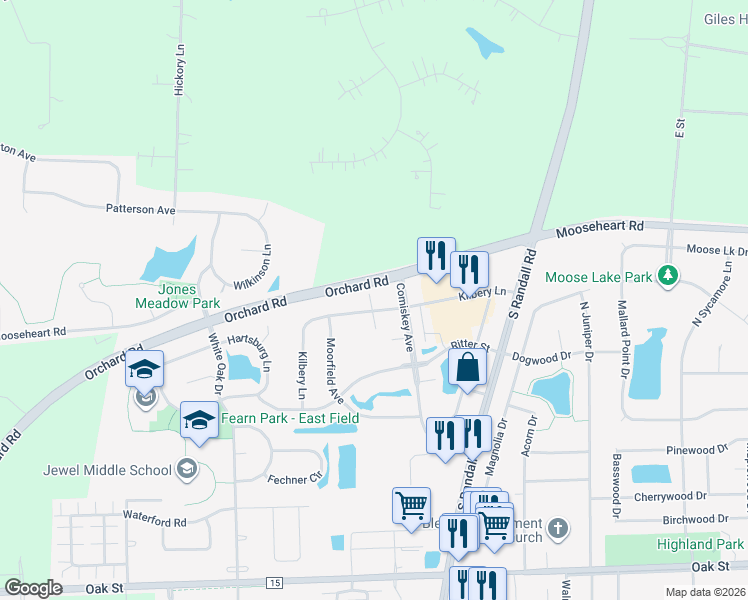 map of restaurants, bars, coffee shops, grocery stores, and more near 1129 Kilbery Lane in North Aurora