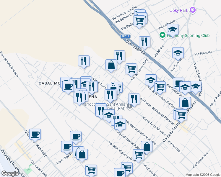map of restaurants, bars, coffee shops, grocery stores, and more near 102/B via Torre morena in Rome