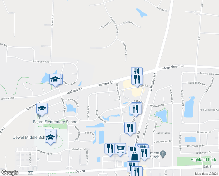 map of restaurants, bars, coffee shops, grocery stores, and more near 1129 Kilbery Lane in North Aurora